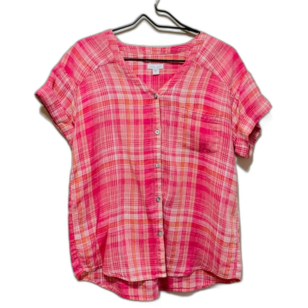 J Jill Love Linen Plaid Pink Button-Up Women's Top size xs